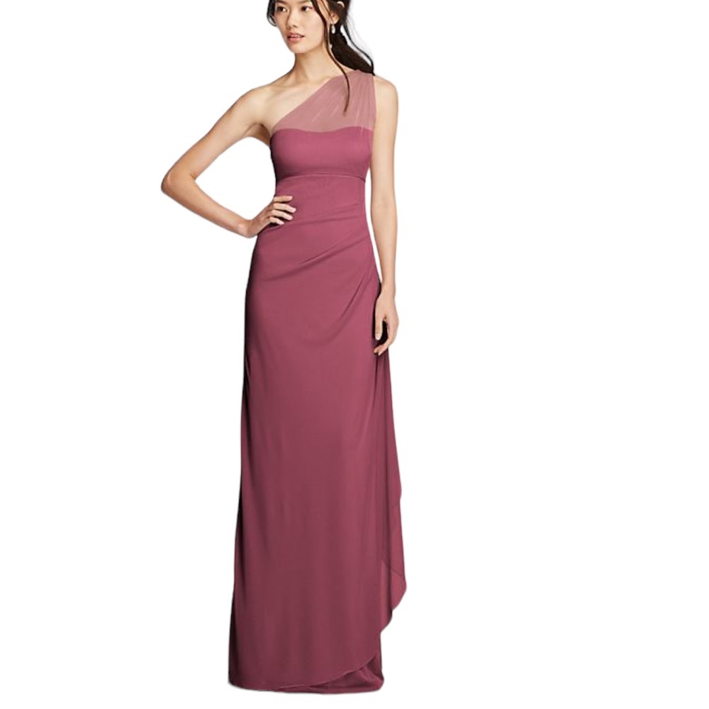 David’s Bridal l Long Mesh One Shoulder Illusion Gown In Plum Size 0
